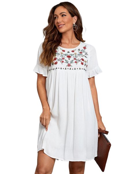 

floral embroidery flounce sleeve smock dress p4nv#, Black;gray