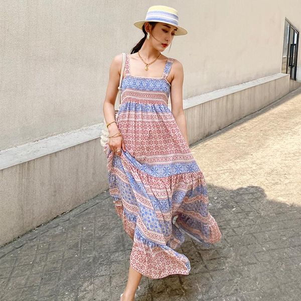 Lässige Kleider Jastie Blumendruck Bohemian Maxi ärmellose Sommer Hippie Chic Seaside Holiday Long Beach Kleid Frauen Vestidos 2022Casual