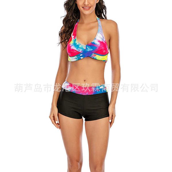 

2021 new women's printed bikini neck strap chest cross swimsuit