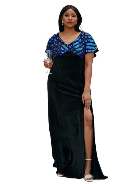 

seomiscky plus contrast sequins split thigh dress e6br#, Black