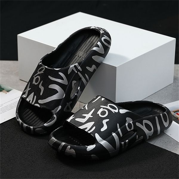 

summer soft men's slippers flip flops printing sandals woman graffiti anti-slip outdoor thick beach slides non-slip ladies shoes 220429, Black