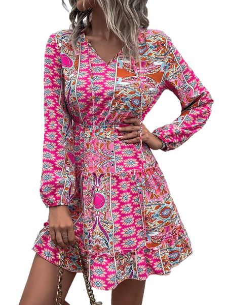 

all over print lantern sleeve layered hem dress 21kk#, Black;gray