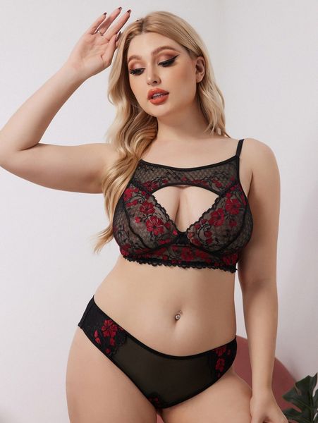 

plus contrast mesh cut-out lingerie set e1he#, Black;white