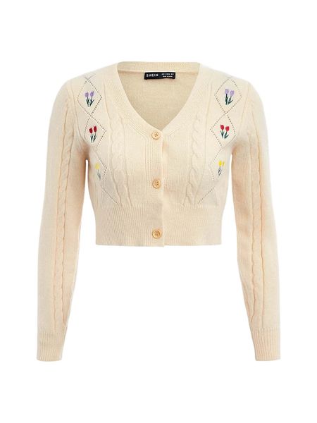 

floral embroidery cable knit button front cardigan b0xe#, White;black