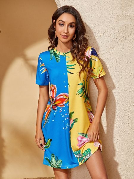 

floral print colorblock dress y0pv#, Black;gray