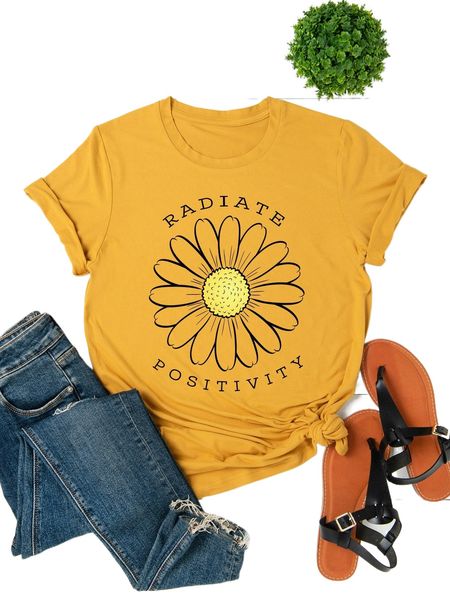 

plus sunflower & slogan graphic tee s7cy#, Black