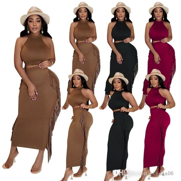 

2022 designer dresses womens tassel dress backless hanging neck two piece outfits nightclub dresses s-xxl, Black;gray