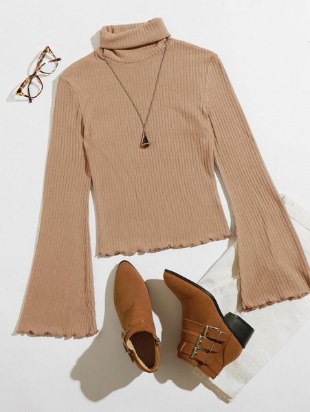 

turtle neck bell sleeve lettuce trim rib-knit j7w9#, White