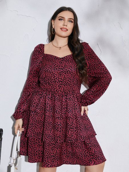 

plus ditsy floral print lantern sleeve layered hem dress w3v3#, Black