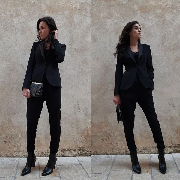 Ufficio Donna Blazer nero Street Power Abiti Slim Fit Pantaloni a matita Abiti da sera Abiti da sposa 2 pezzi