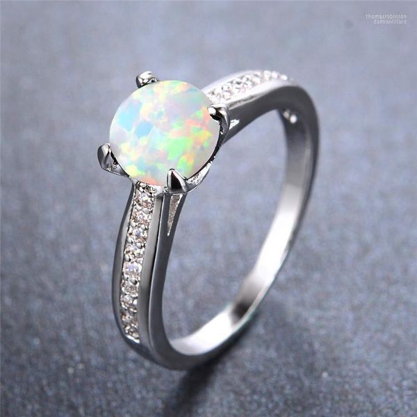 Feminina pequena anel de pedra redonda azul Branco Opal Ringos de casamento para mulheres charme Solitaire noivado anel1