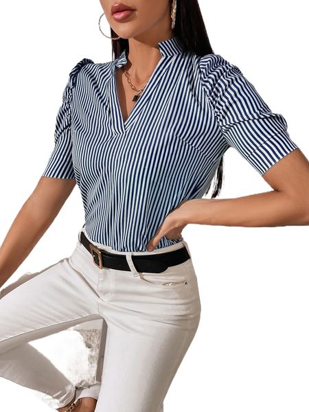 

notch neck puff sleeve striped p86s#, White