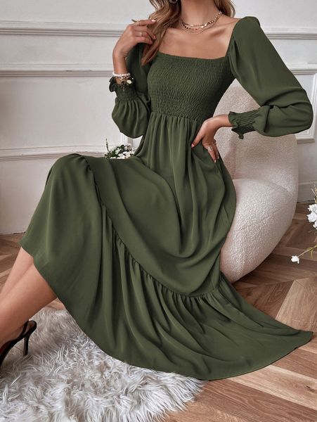 

square neck shirred ruffle hem dress h7kq#, Black;gray