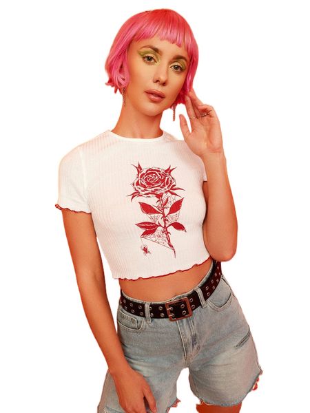 

x mystic heart floral print lettuce trim tee v24q#, White