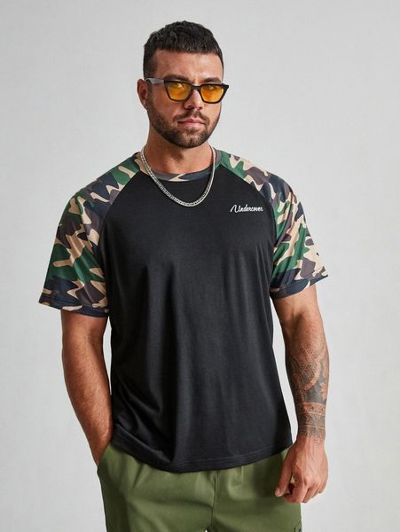 

extended sizes men letter & camo print raglan sleeve tee j06y#, White;black