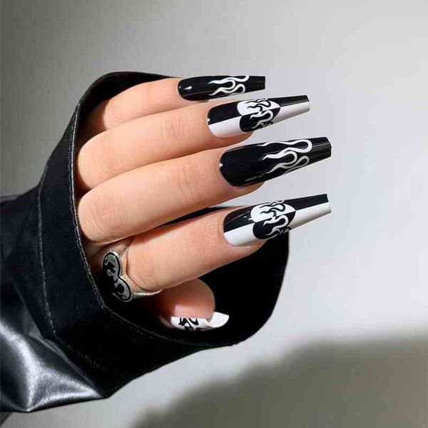 

false nails 24pcs press on punk black white patchwork fire pattern long coffin ballerina fake nail art manicure full tips 0616