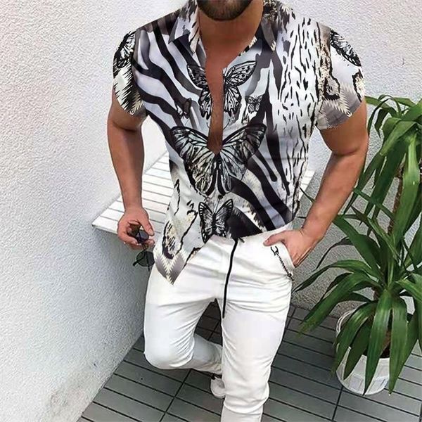 

mens shirts summer hawaiian fashion trend 3d gradient casual slim short sleeve shirts luxury cardigan street hip hop 220615, White;black
