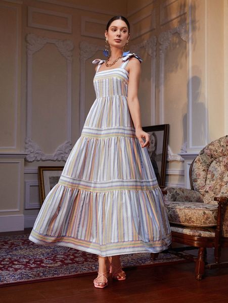 

x julia block stripe tie shoulder ruffle hem dress u3zf#, Black;gray