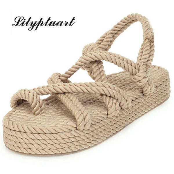 Große Größe 43 Verkauf Top Qualität Gladiator Hanf Flache Slip auf Stroh Sommer Damen Sandalen Schuhe Frau Sandale Plattform 220315