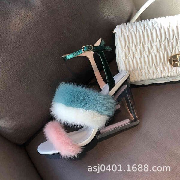 

spring and sandals summer french first fashion show color matching mink sandals women's transparent slope heels shoes celebrity high 0o, Black