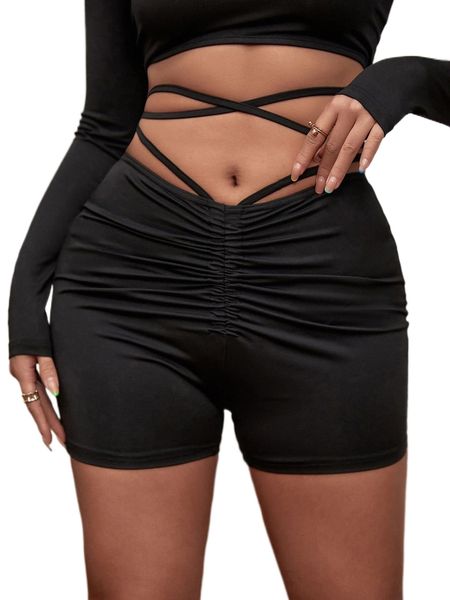 

sxy drawstring criss cross tie back biker shorts v5jp#, White;black