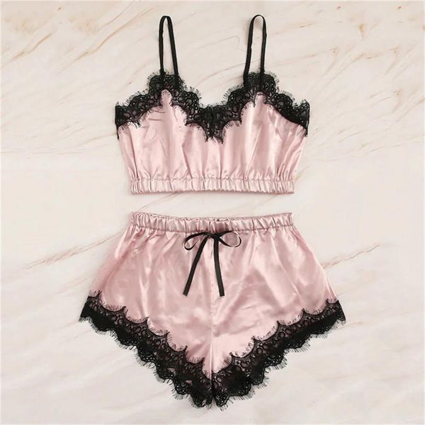 

lace pajama sets women sleepwear pijama mujer strap sleeveless suit v-neck cami short lingerie set female night wear, Black;red