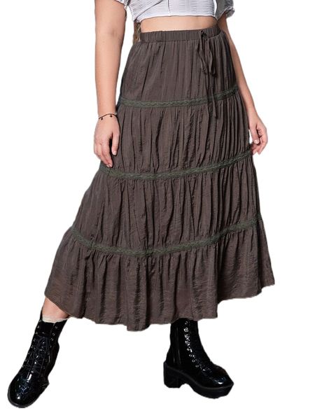 

plus contrast lace ruffle hem skirt o1jr#, Black