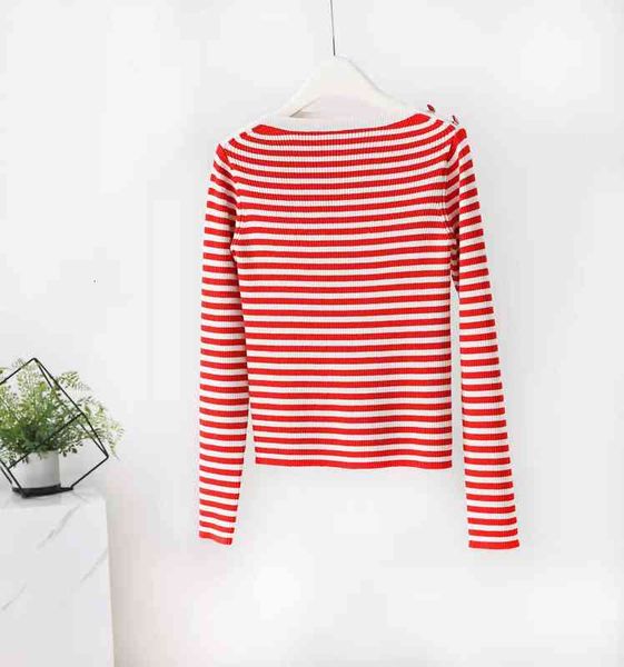 

women's knits & tees 2022 spring and summer stripe contrast color shoulder button slim one-line collar elastic waist navy style blouse, White