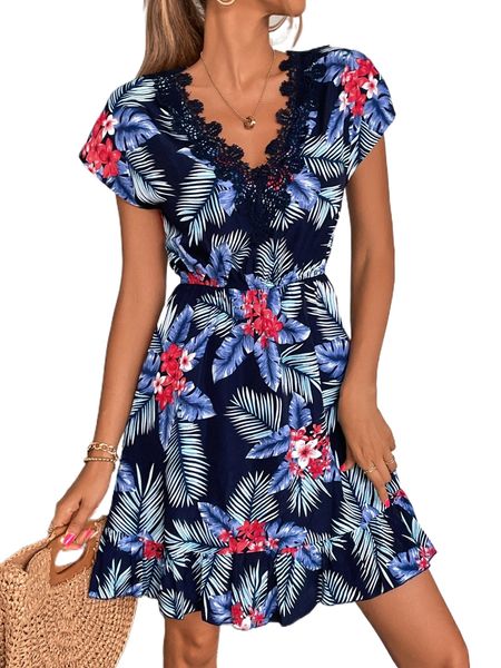 

tropical print lace trim dress 56ry#, Black;gray