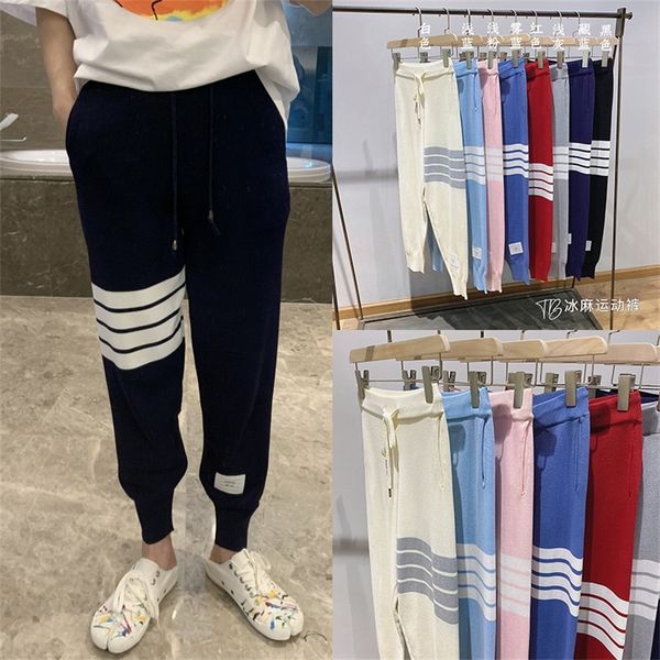 

85% off online sale casual men's and ice hemp sports stripe four bar yarn dyed small leg women's pants, White;black