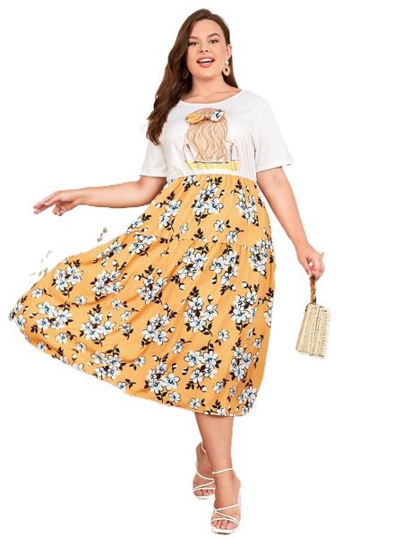 

plus 1pc floral & figure graphic bow front dress 80no#, Black