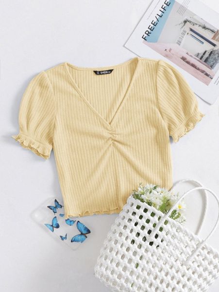 

ruched detail frilled cuff puff sleeve lettuce edge b9ol#, White