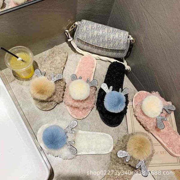 

women slippers new plush mop female ball cute one word open toe home 0718, Black