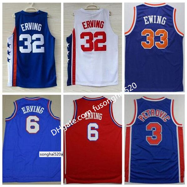 

1992 good quality sportwear embroidery #33 patrick ewing 6 dr j julius erving jerseys white blue #3 drazen petrovic sports basketball jersey, Black;red