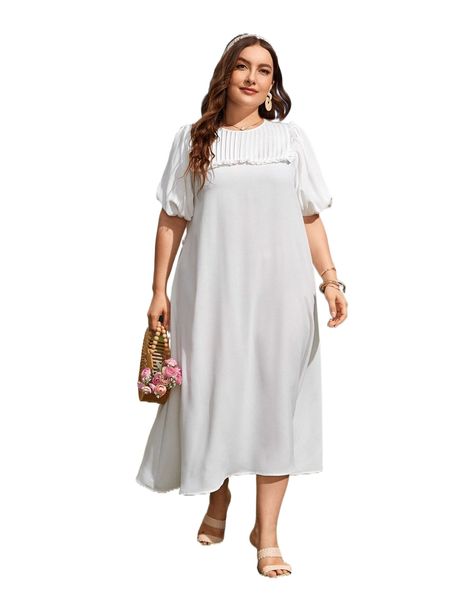 

plus 1pc press crease detail frilled puff sleeve tunic dress 62ig#, Black