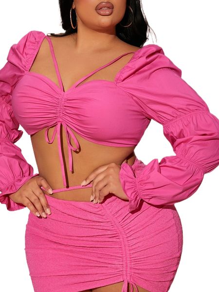 

sxy plus drawstring front shirred back gathered sleeve crop 13zv#, Black