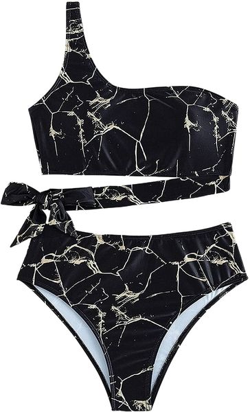 

women's two piece swimsuit high waisted one shoulder bikini set swimwear w1dj#, White;black