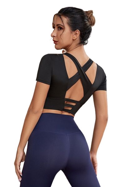 

criss cross cut out crop sports tee z6zi#, Gray