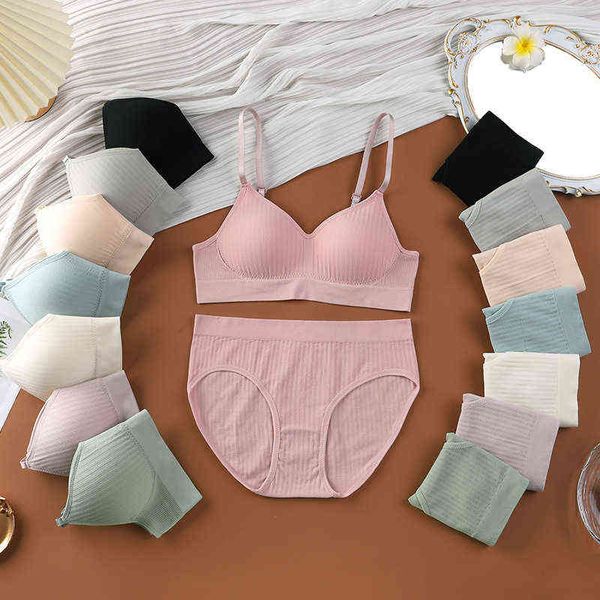 Set reggiseno e slip senza cuciture da donna Set push up senza filo Set di lingerie confortevole intero a coste a vita media Top corto morbido L220727