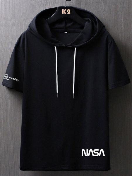 

men letter graphic drawstring hooded tee 95vr#, White;black