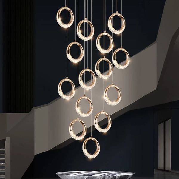 Luxus-Kristall-Ring-LED-Kronleuchter-Pendellampen für Treppenhaus, Wohnzimmer, moderne Cristal-Gold-Hängeleuchte, große Innen-Küchenlampe