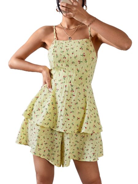 

ditsy floral print tie backless two layer hem cami romper 92zz#, Black;white