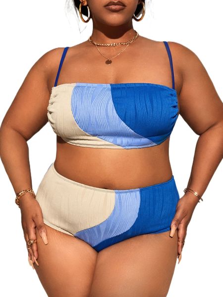 

plus color block tie back high waist bikini swimsuit z9mk#, White;black