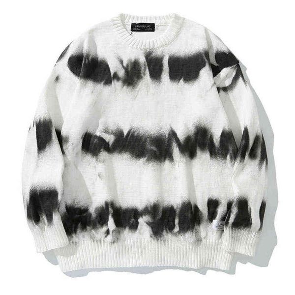 

men harajuku sweater fashion knitted hip hop streetwear tie-dye inkjet color pullover o-neck oversize casual couple male sweater t220730, White;black