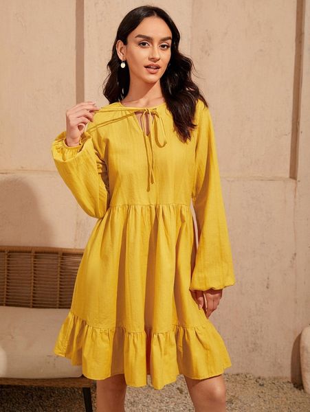 

tie neck lantern sleeve ruffle hem dress 812d#, Black;gray