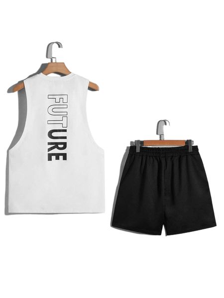 

men letter graphic tank & shorts set x9af#, Gray
