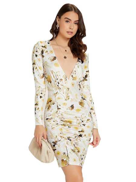 

floral print plunging neck ruched split hem bodycon dress 94rc#, Black;gray
