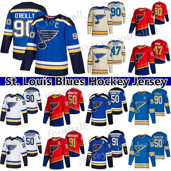 

st''louis''blues'' hockey jersey 90 ryan o'reilly 91 vladimir tarasenko 50 binnington 47 torey krug 55 co, Black;red