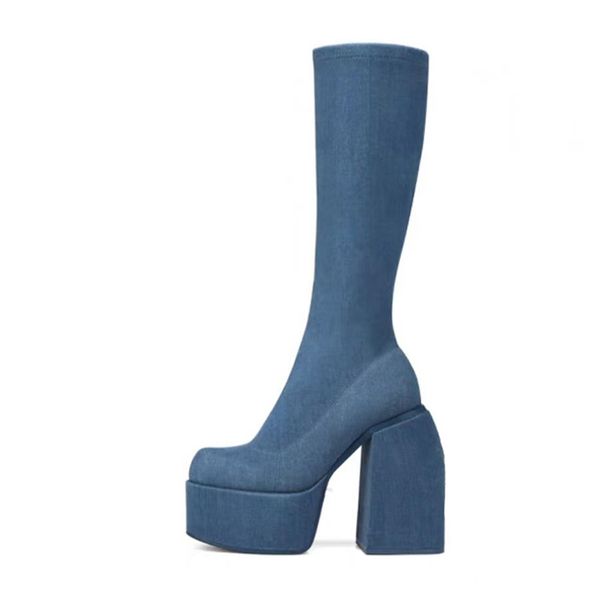 

fashion platform boots women genuine leather high chunky heel thick heel fabric stretch booties shoes big size 35-43, Black