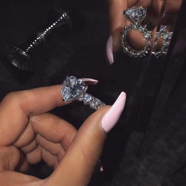 

wedding rings bling sparking silver color ring paved 5a cubic zirconia big heart cz band girl girlfriend charming valentine's day jewel, Slivery;golden